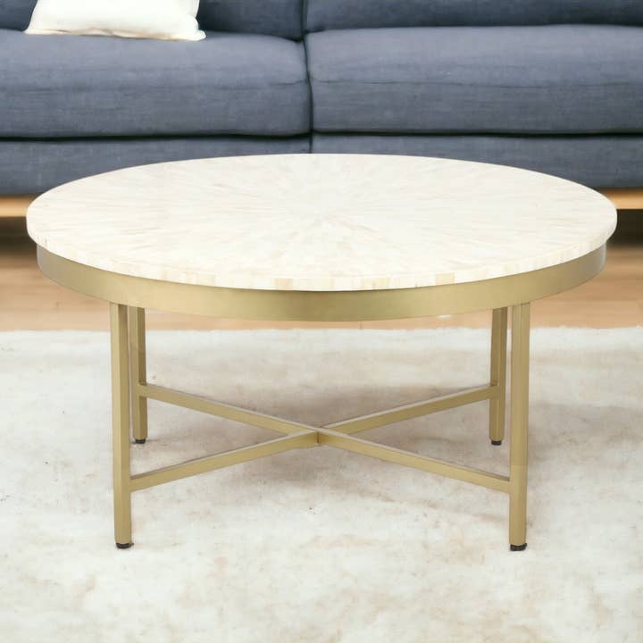 HomeRoots - Wholesale Coffee Table - 18" Ivory And Gold Wood And Steel Round Coffee Table1