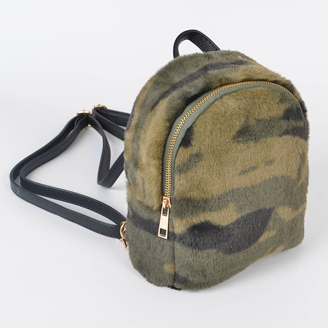 Olive Faux Fur Military-Inspired Backpack for wholesale on Faire2