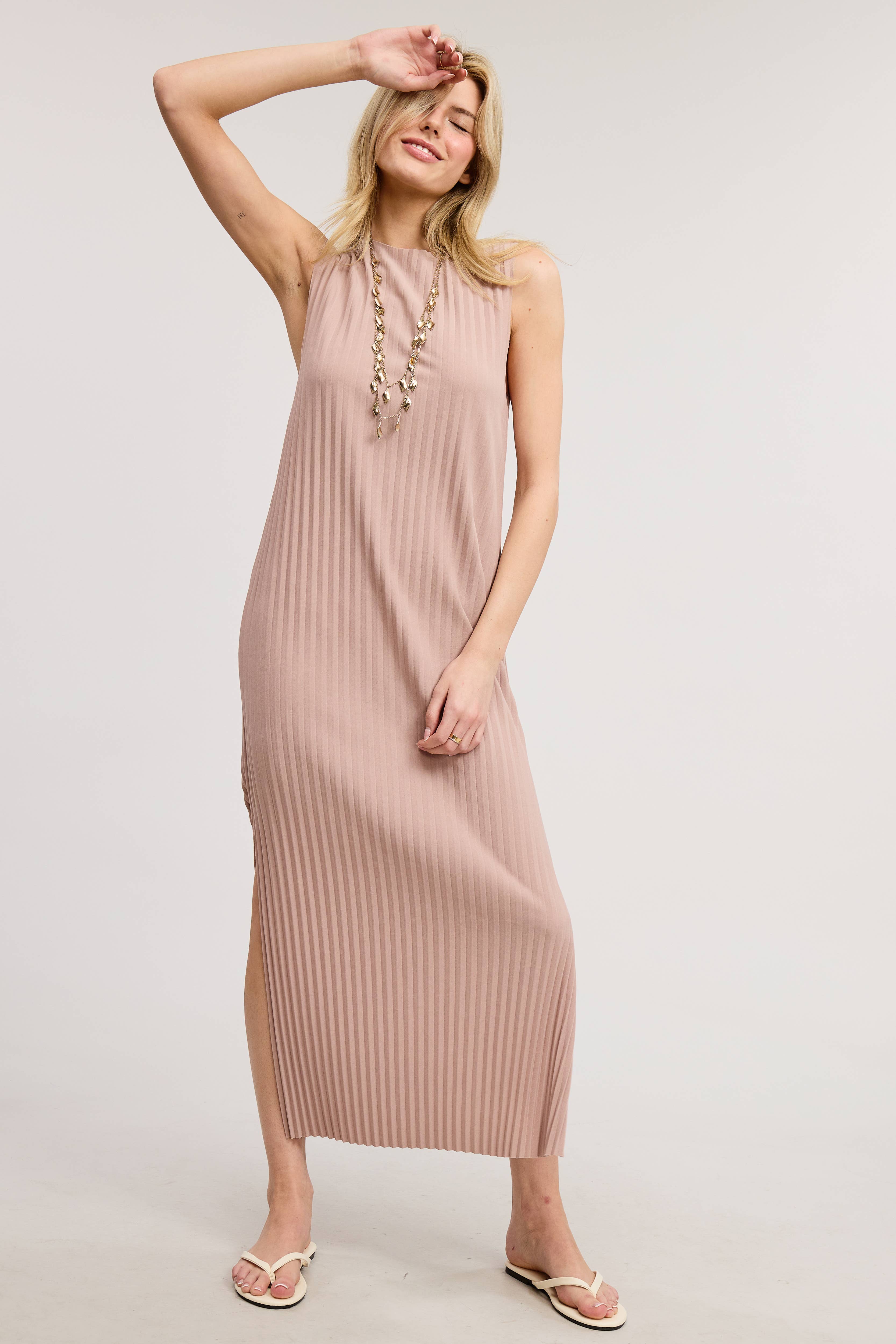 Mimosa - Wholesale Dress - Women's - Sleeveless Pleated Midi Dress with Side Slit8