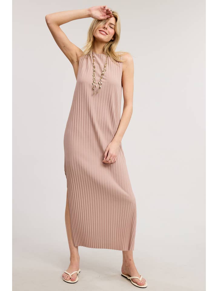 Mimosa - Wholesale Dress - Women's - Sleeveless Pleated Midi Dress with Side Slit8