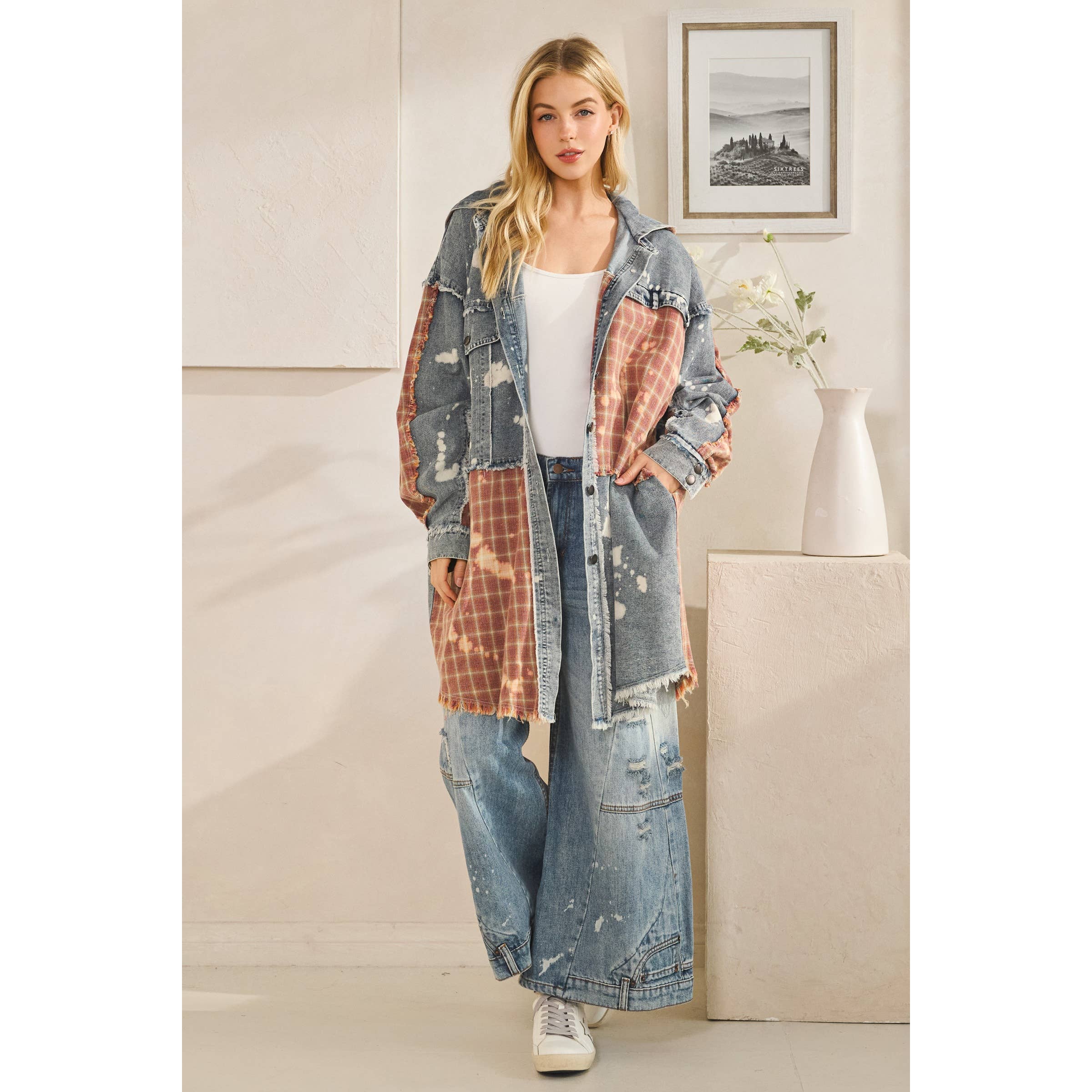 Oli&Hali - Wholesale Shirt Jacket/Shacket - Women's - WASHED BLEACHED DENIM PLAID BUTTON FRONT SHACKET9