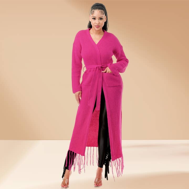 Long cardigan en maille avec ceinture pour la vente par Celystrends