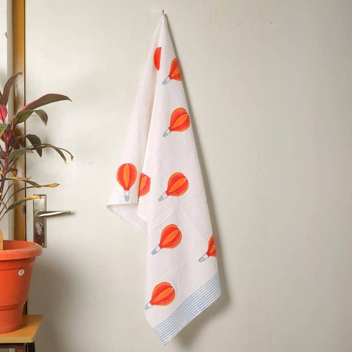 Hot Air Balloon Block Print Cotton Waffle Bath Towel for wholesale by Draped In Heritage