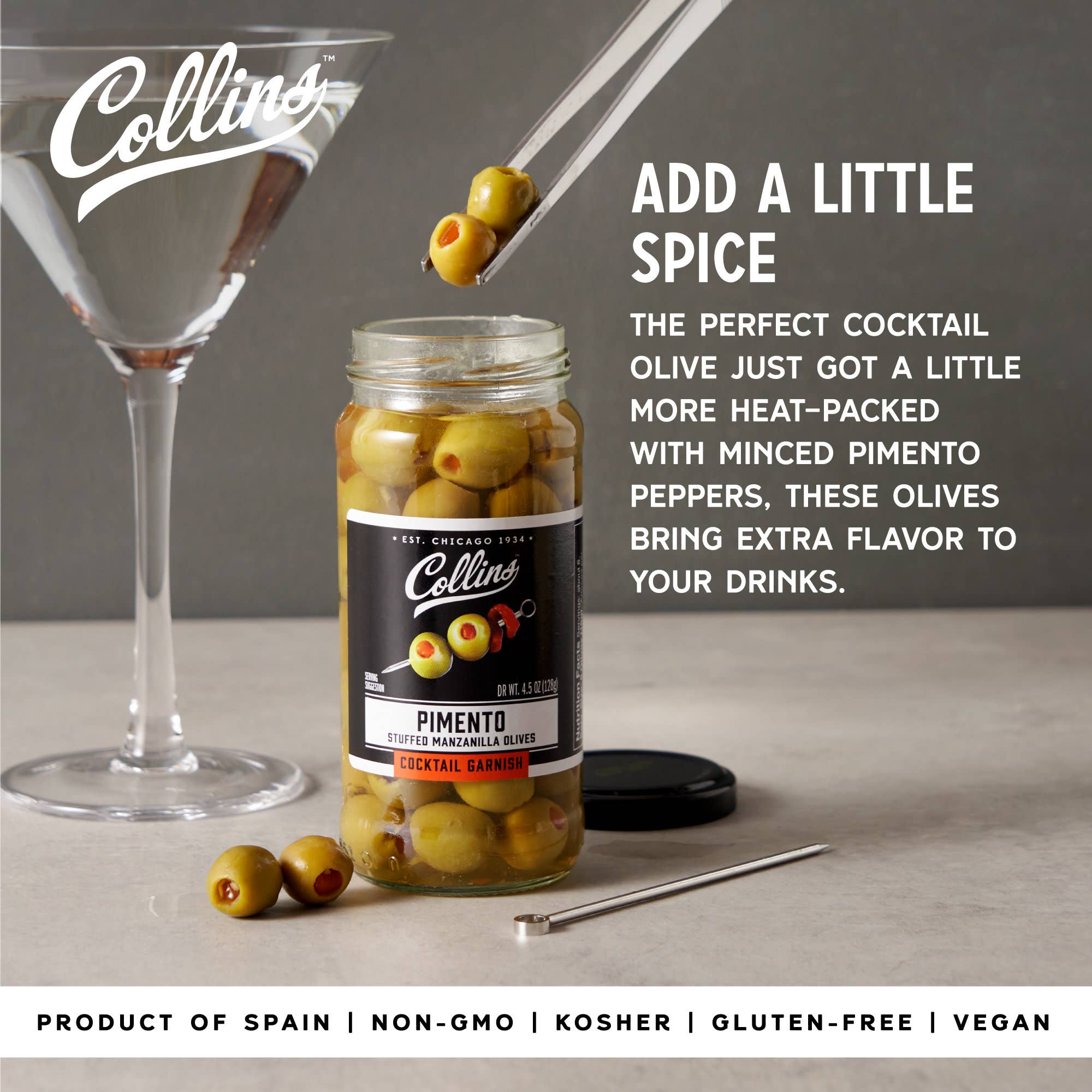 Collins - Wholesale Olives - Gourmet Manzanilla Pimiento Cocktail Olives 4.5 oz1