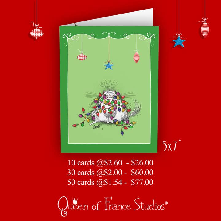 Funny Cat Christmas Card for wholesale by Queen of France Studios