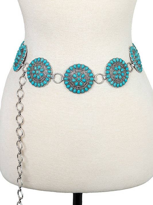 ROUND FLORAL GEM LINK CHAIN BELT for wholesale by Andrea Bijoux