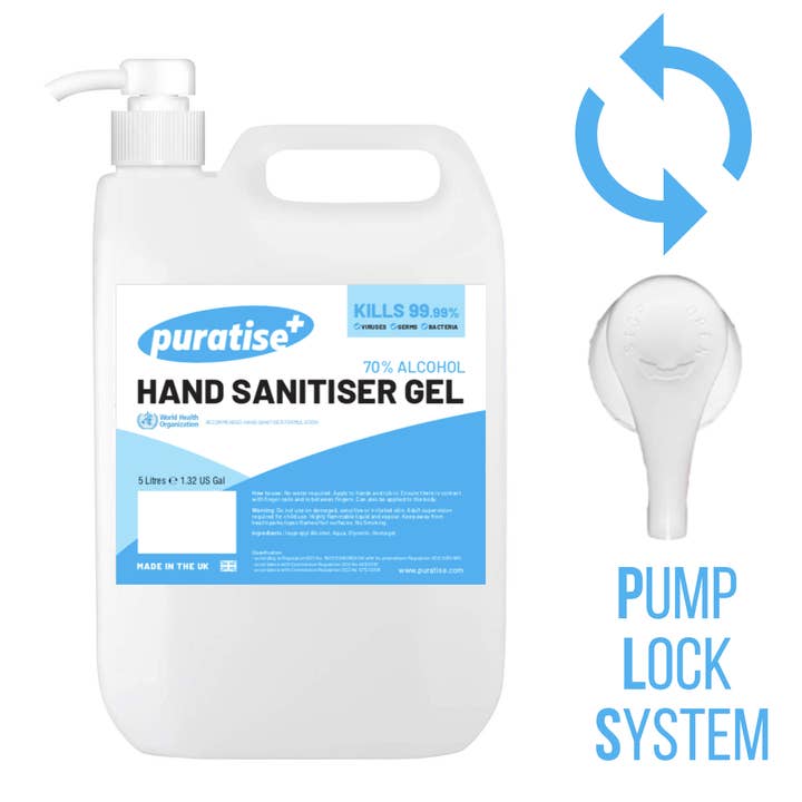 My Wholesale Warehouse - Vendita all'ingrosso Igienizzante per le mani - Gel igienizzante per mani Puratise da 5 litri con pompa per collo da 38 mm
