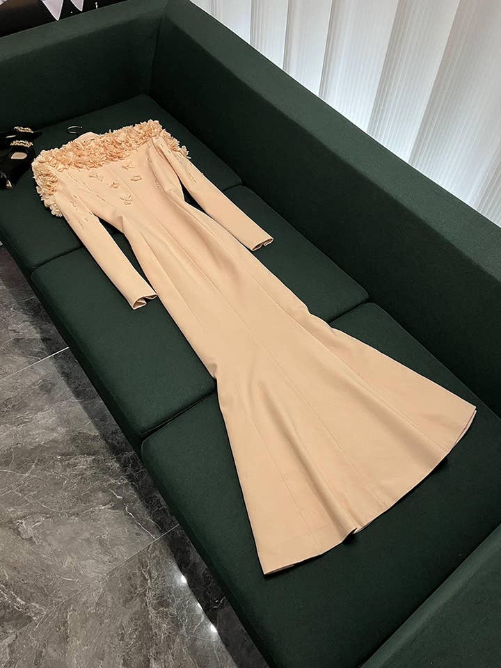Color as pictures SY382 Diamond Slim Fit Long Dress with Floral Shoulders for wholesale on Faire1