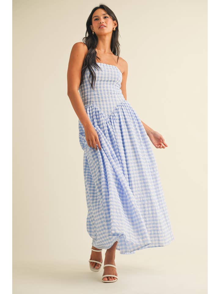 Klesis - Wholesale Dress - Women's - ID9088 GINGHAM DROPWAIST STRAPLESS MAXI DRESS