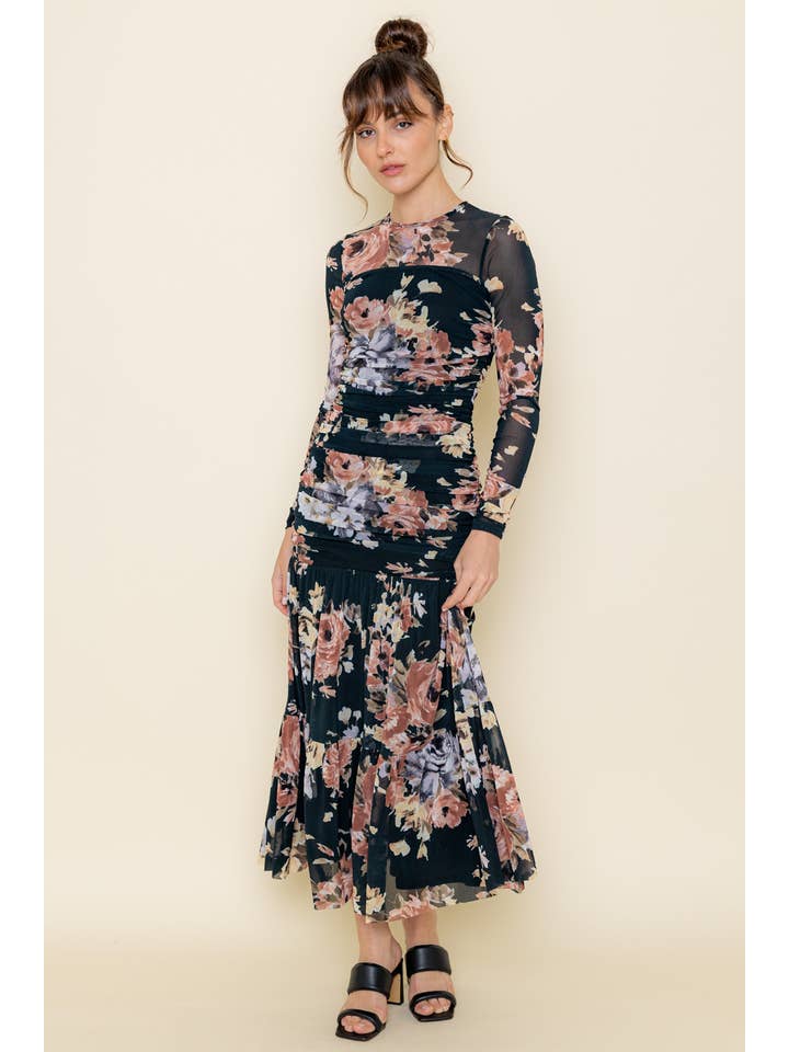 BLACK MULTI FLORAL MESH SIDE SEAM GATHERED MAXI DRESS-DC8836FO for wholesale on Faire
