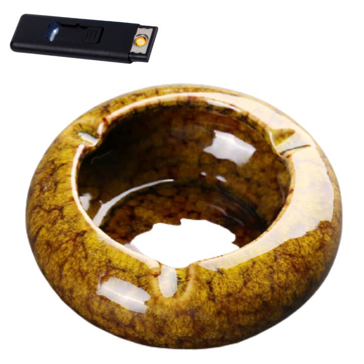 Round Glossy Ceramic Ashtrays + Flameless Lighter (BROWNISH) for wholesale by A&A Wonders