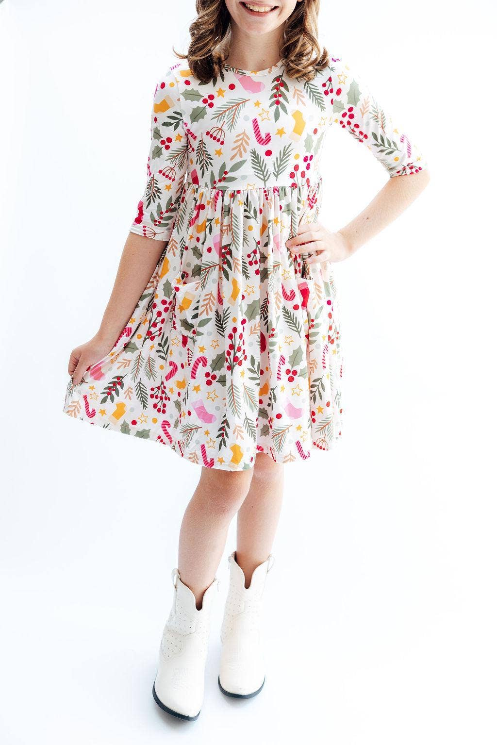 Mila & Rose - Wholesale Dress - Kids - Holly Jolly Christmas 3/4 Sleeve Pocket Twirl Dress3