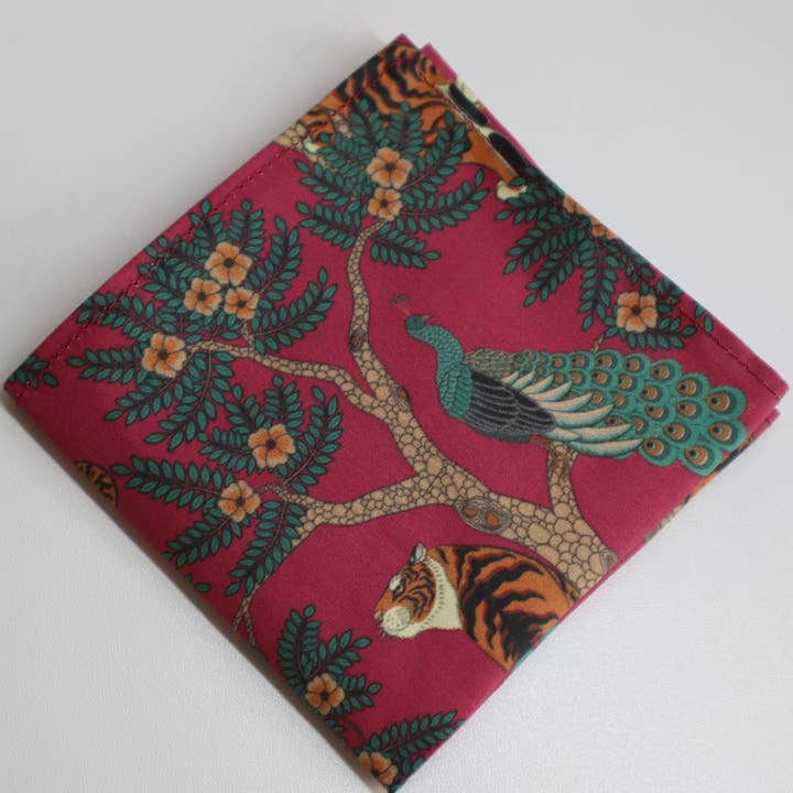 Tiger Peacock Burgundy Print Cotton Pocket Square for wholesale by Dapper & Suave