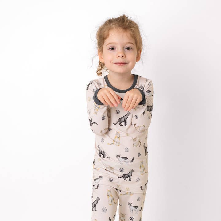 Cats & Paws | Two-Piece Bamboo Long Sleeve Toddler & Kids Pajamas for wholesale by Little Popp Crew