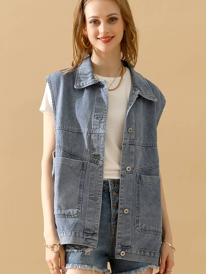 NINEXIS - Wholesale Outerwear Vest - Women's - CWJV0008-B_VINTAGE BUCKELE POCKET COLLAR DENIM VEST