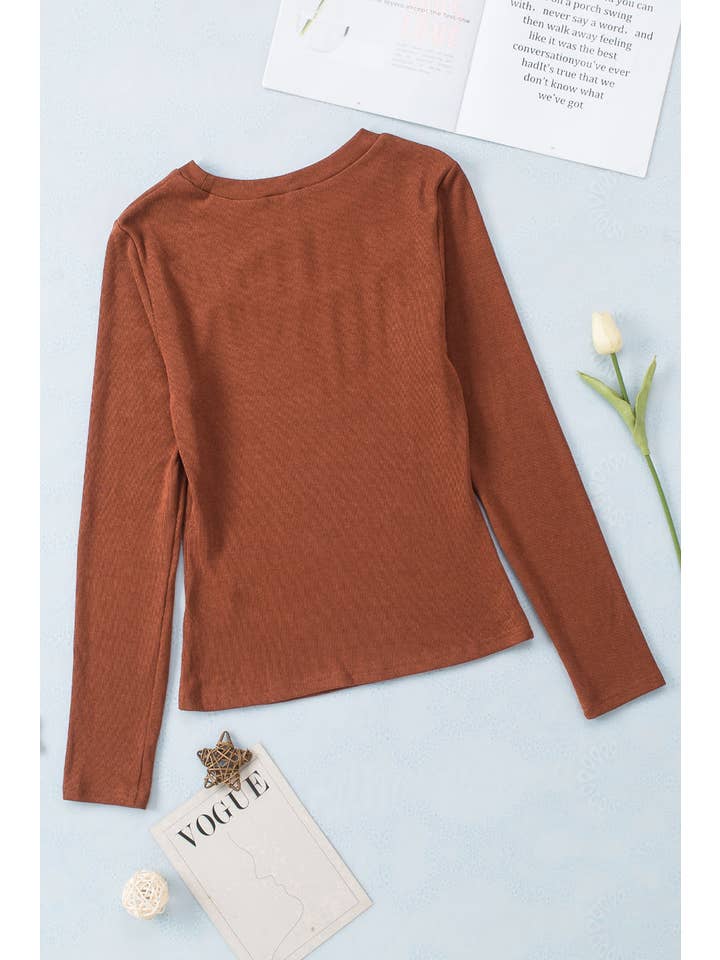Brown Ribbed Peekaboo Cutout Long Sleeve Top for wholesale on Faire4