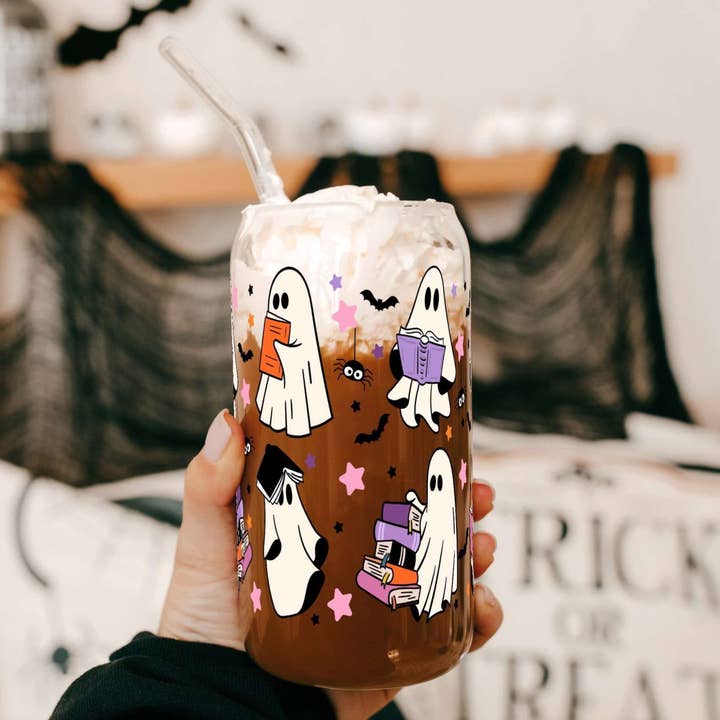 Sip-Sip Hooray! - Wholesale Drinking glass/cup - Ghosts and Books Glass Can With Lid and Straw