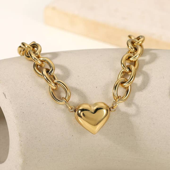 Gold STAINLESS STEEL TARNISH FREE CHUNKY HEART BRACELET | 40B119 for wholesale on Faire1