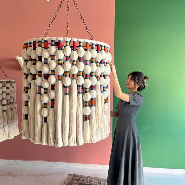 Joy's Arts - Wholesale Chandelier/Hanging Light - Large Boho Chandelier,  Handwoven Cotton Tassel Light, Custom Gobelin Pendant for Hotel Lobby or Statenebt Light, Boho Fringe Pendant Light,0
