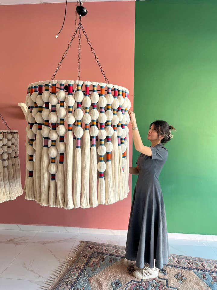 Large Boho Chandelier, Cotton Tassel Pendant Light, Woven Ceiling Lamp, Macrame Light for Hotels for wholesale by Joy's Arts