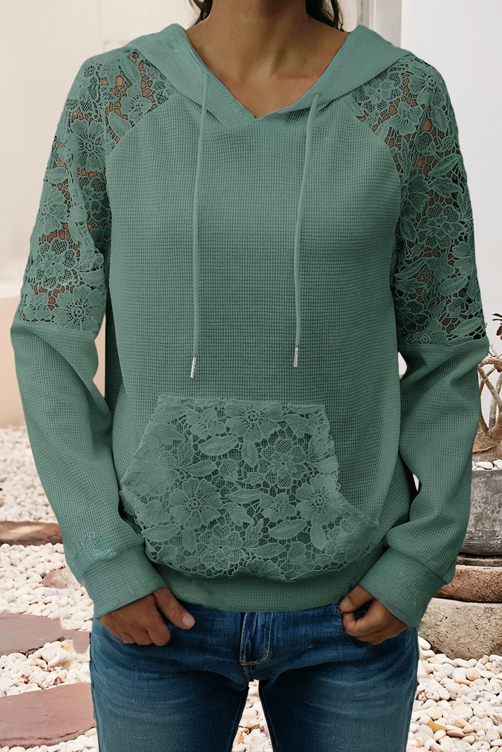 Little Daisy Closet - Wholesale Hoodie - Women's - LDC Patchwork Raglan Sleeve Kangaroo Pocket Waffle Hoodie3