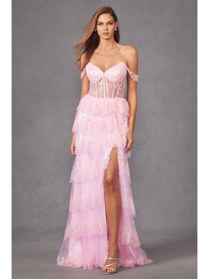 Ruffle Tulle Lace Sequin Ball Gown - Off Shoulder Straps for wholesale by Juliet