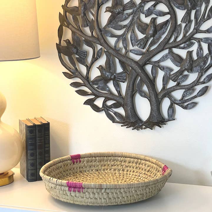 Global Crafts - Wholesale Decorative Tray - Hand-woven Palm Tray Basket with Pink Detail5