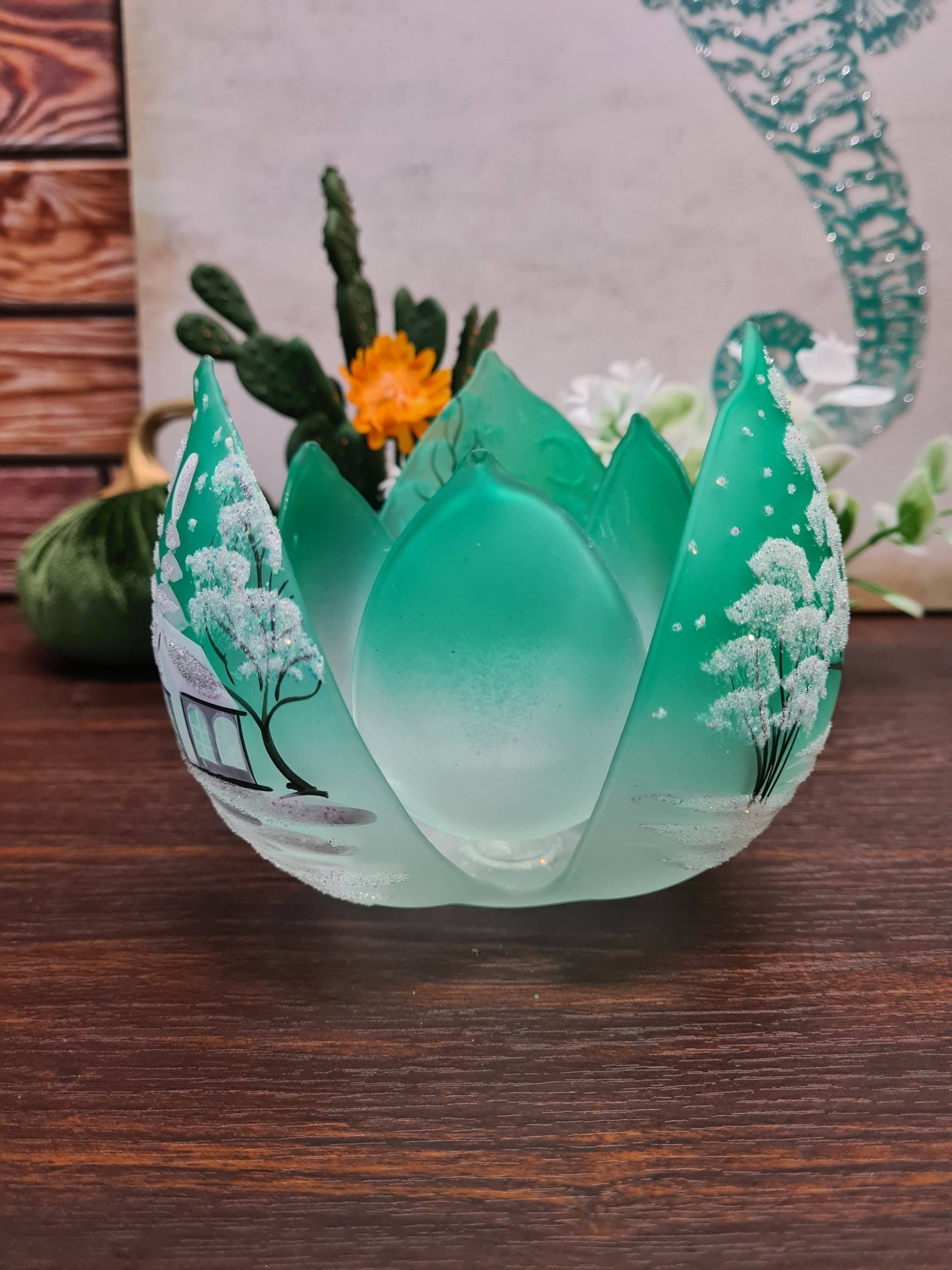 Glass by Iness - Wholesale Candle Holder - White Church In Winter Wonderland Collection - Candle Holder37