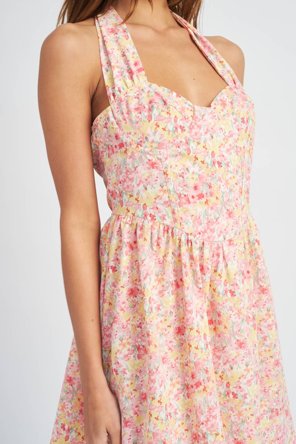 PINK FLORAL BUSTIER HALTER NECK DRESS for wholesale on Faire4