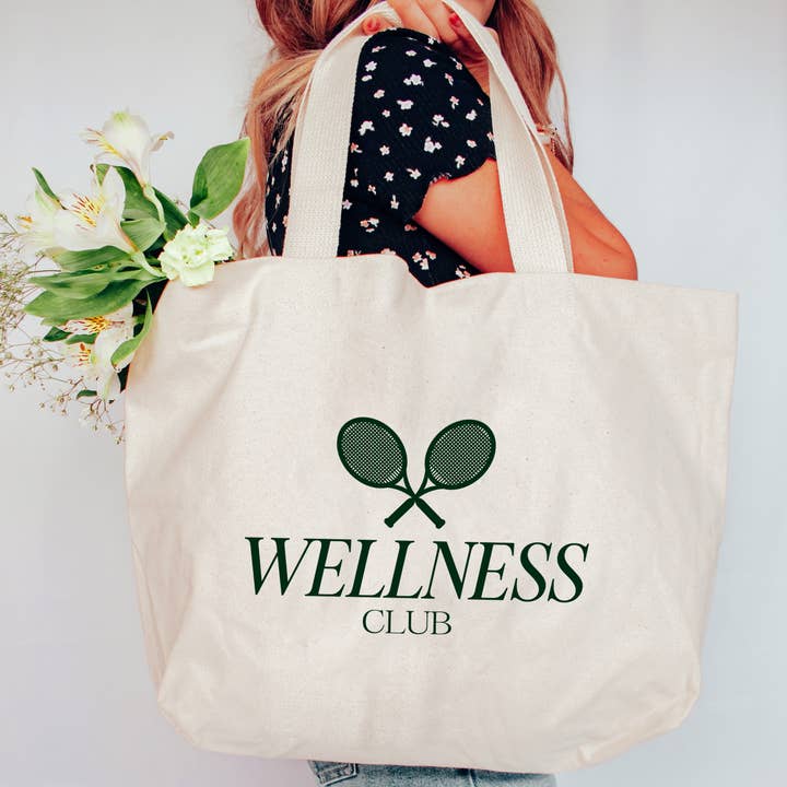 Wellness Club Tennis Rackets Canvas Tote for wholesale by Portland and Peel