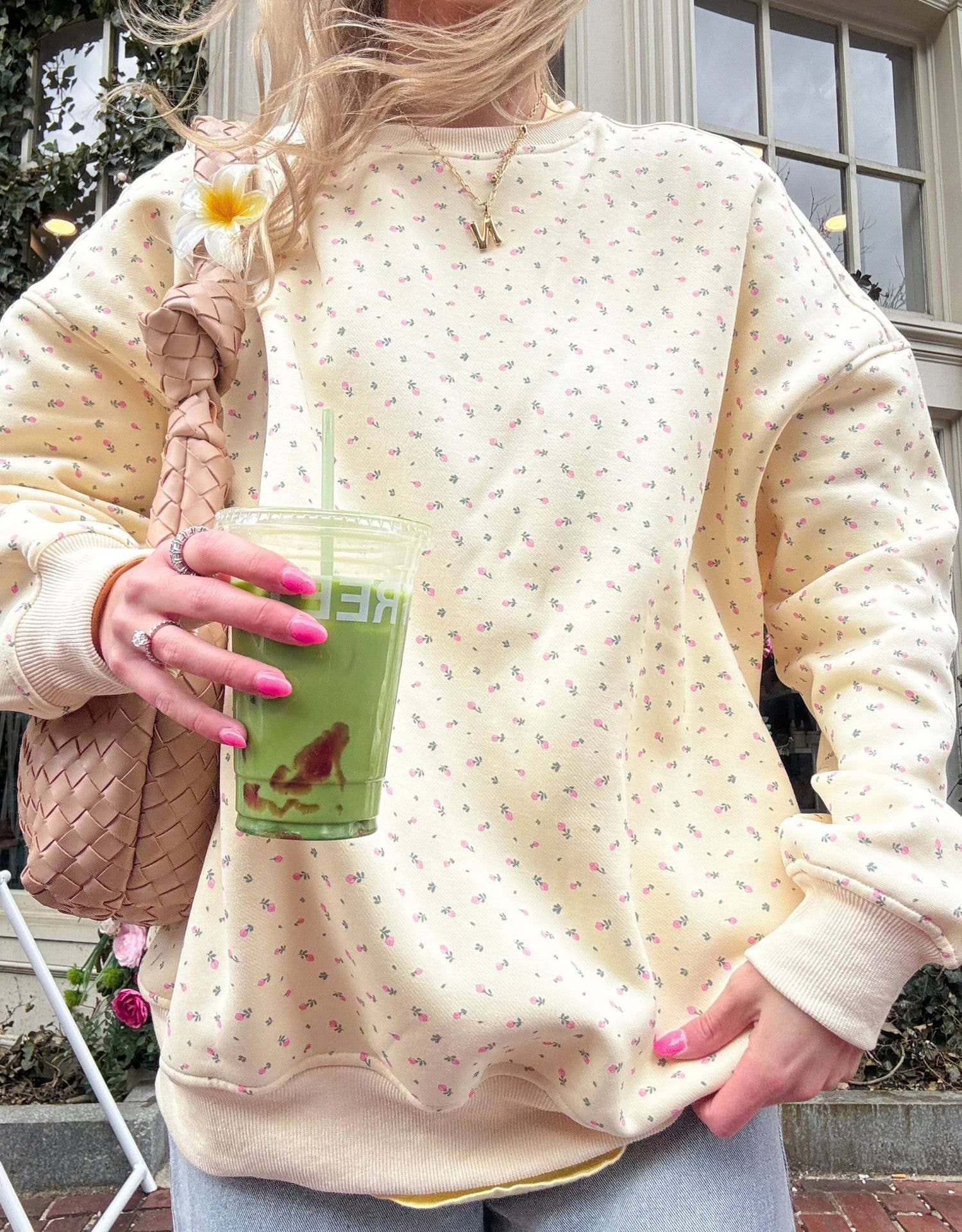 Yellow Vintage Floral print oversize boxy loose sweatshirt crewneck for wholesale on Faire0