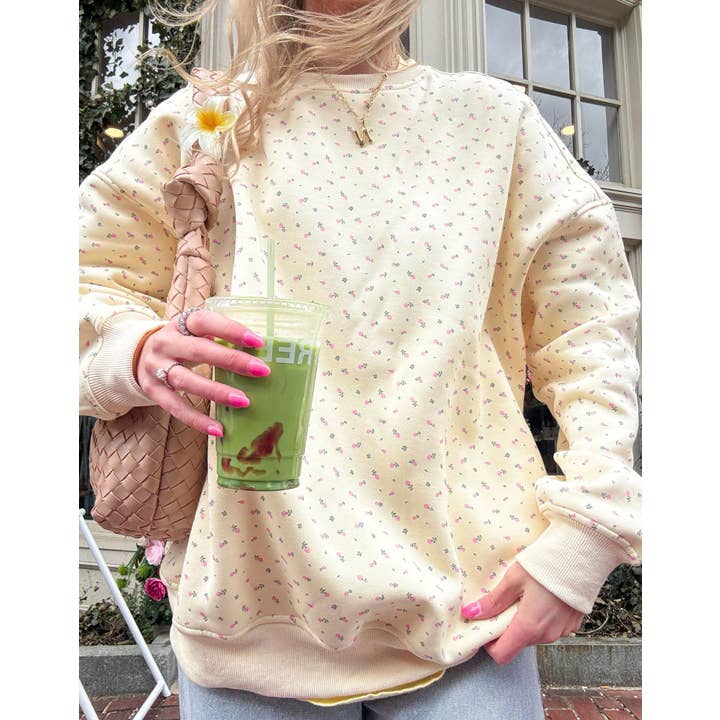 Yellow Vintage Floral print oversize boxy loose sweatshirt crewneck for wholesale on Faire