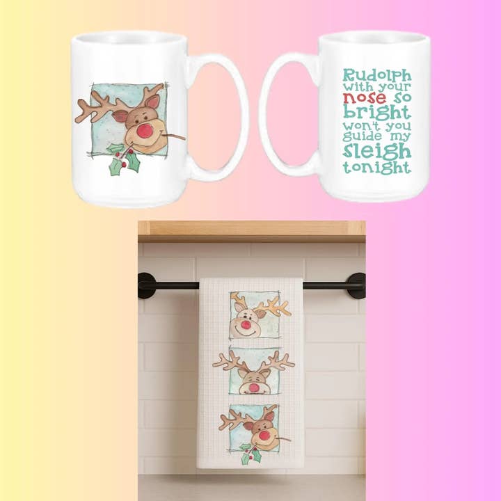 Rudolph Gift Set - Mug with Towel for wholesale by Jules Creations MN
