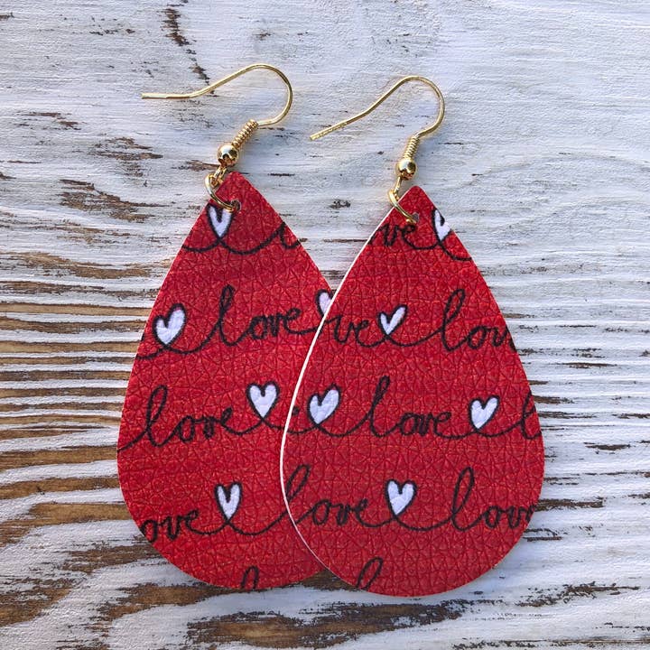 Red Love Scrawled Hearts Leather Earrings for wholesale by Kate Tuesday Jewelry