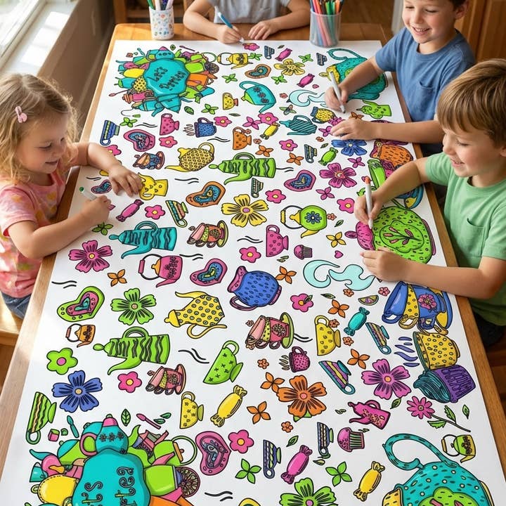 Tea Party Coloring Tablecloth High Tea Themed Shower Decor for wholesale by Creative Crayons Workshop