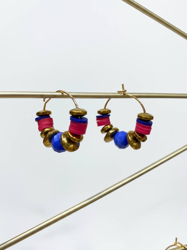 HILHE13 - Pink clay and Royal blue crystal hoop earrings for wholesale by Gist Jewellery