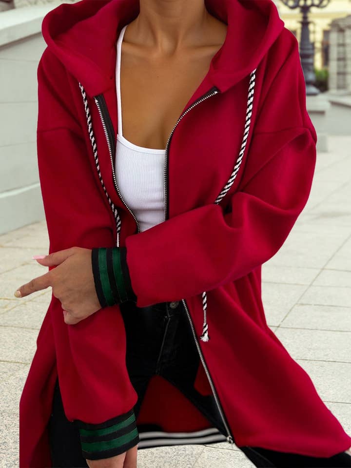 1 the Woman - Wholesale Hoodie - Women's - Contrast Cuffed Drawstring Hooded Zip Up Sweatshirt