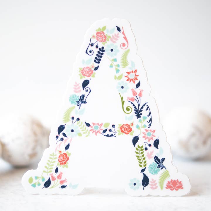Floral Letter "A", White, Vinyl Sticker, 3x3 in. for wholesale by Savannah and James Co