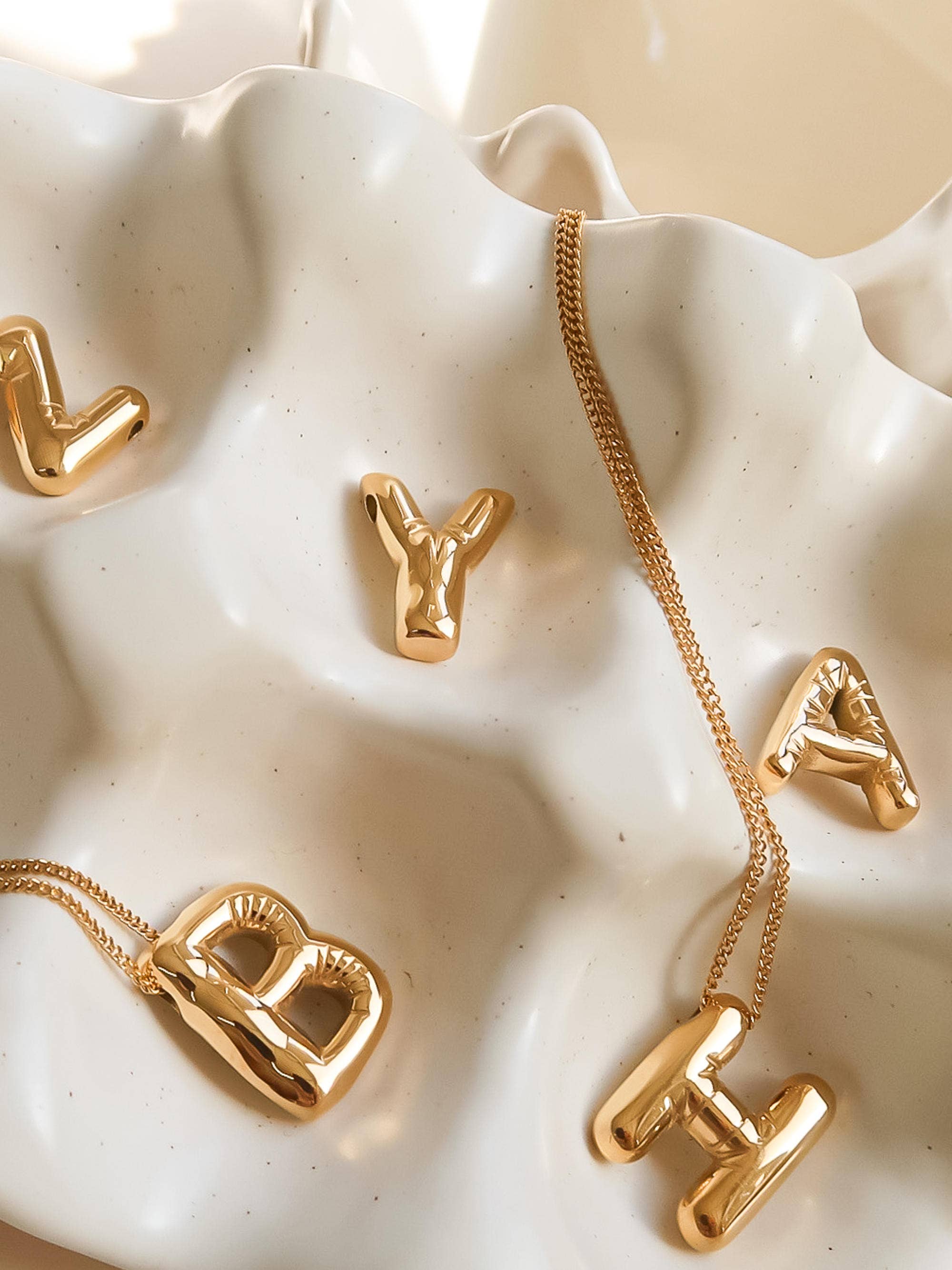 Hayes 18K Gold Non-Tarnish Balloon Alphabet Necklace for wholesale on Faire