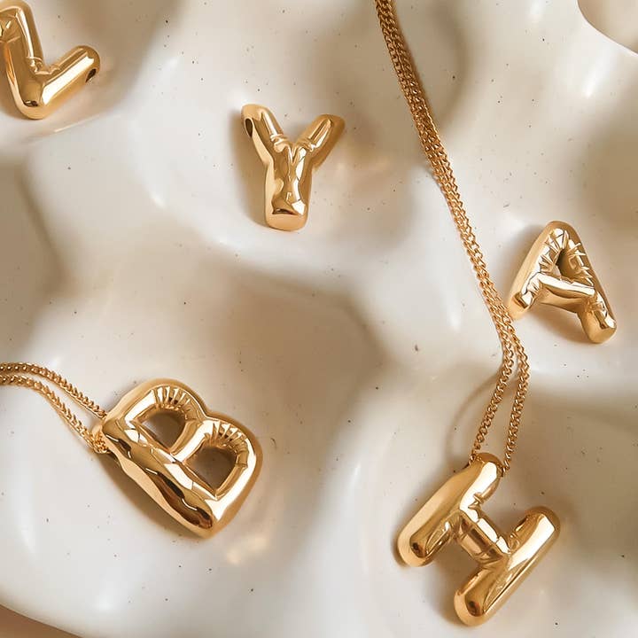 Hayes 18K Gold Non-Tarnish Balloon Alphabet Necklace for wholesale on Faire