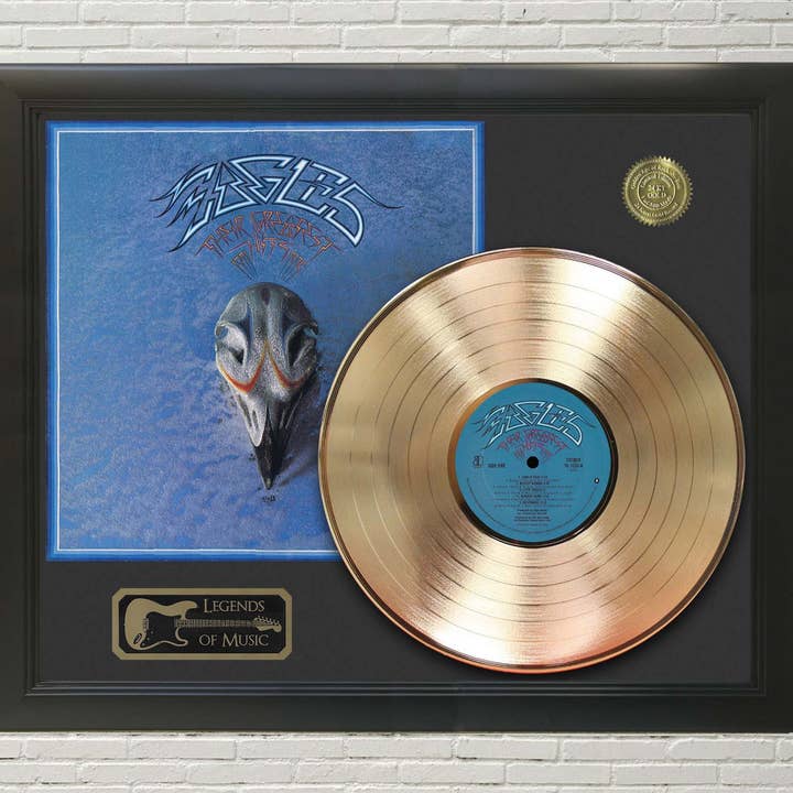 Eagles - Greatest Hits Schallplattendisplay, gerahmt, goldfarben für den Großhandel von Gold Record Outlet