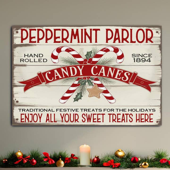 Vintage Christmas Candy Cane Canvas & Faux Wood Sign for wholesale by Olive Branch Farmhouse