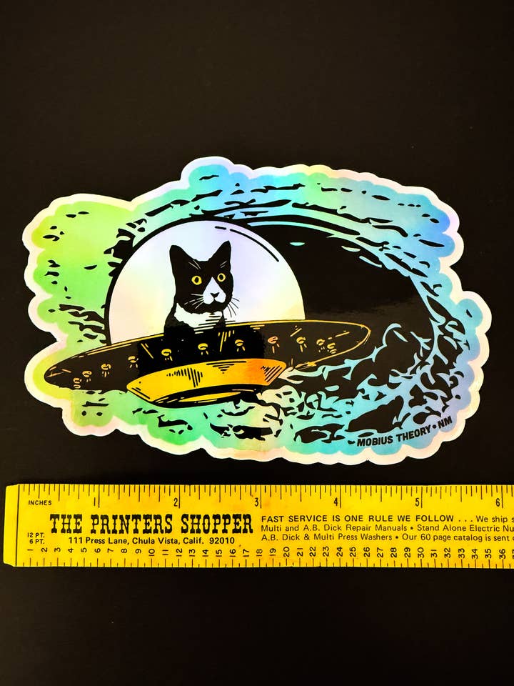 Adhesivo holográfico de gran tamaño, amarillo, con forma de ovni, con diseño de Daft Cat, 6 pulgadas para venta al por mayor de Mobius Theory