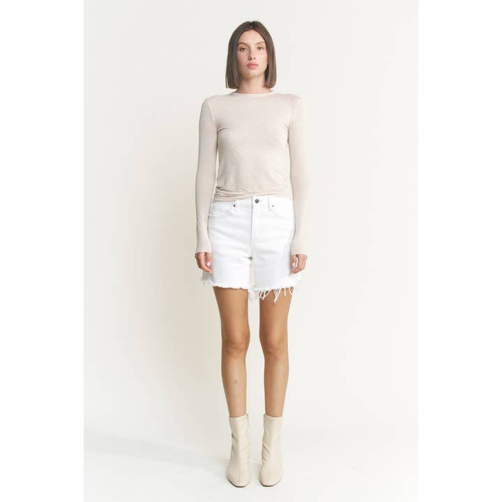 MISTY WHITE HIGH RISE DISTRESSED FRAYED HEM SHORTS for wholesale on Faire