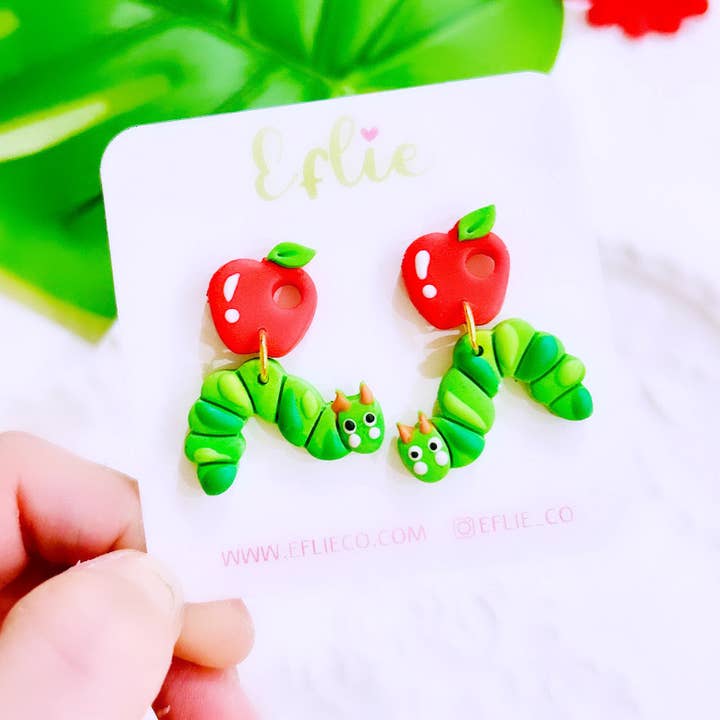 Eflie - Wholesale Dangle Earrings - Caterpillar With Apple Earrings Back To School Teacher Appre0