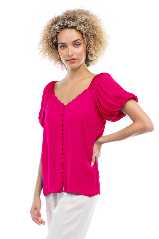 Naked Zebra - Wholesale Blouse - Women's - Scalloped Button Front Balloon Sleeve Blouse