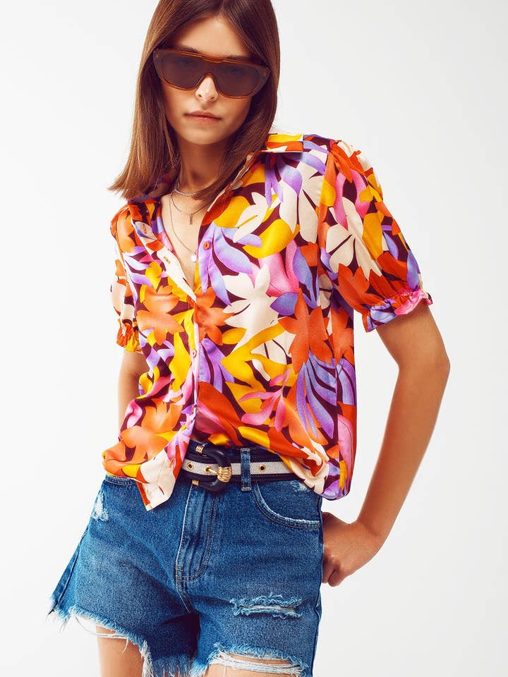 Floral print shirt with elasticated sleeves in multi colour for wholesale by Q2—All Orders:Free Duties for the US,UK,and Canada