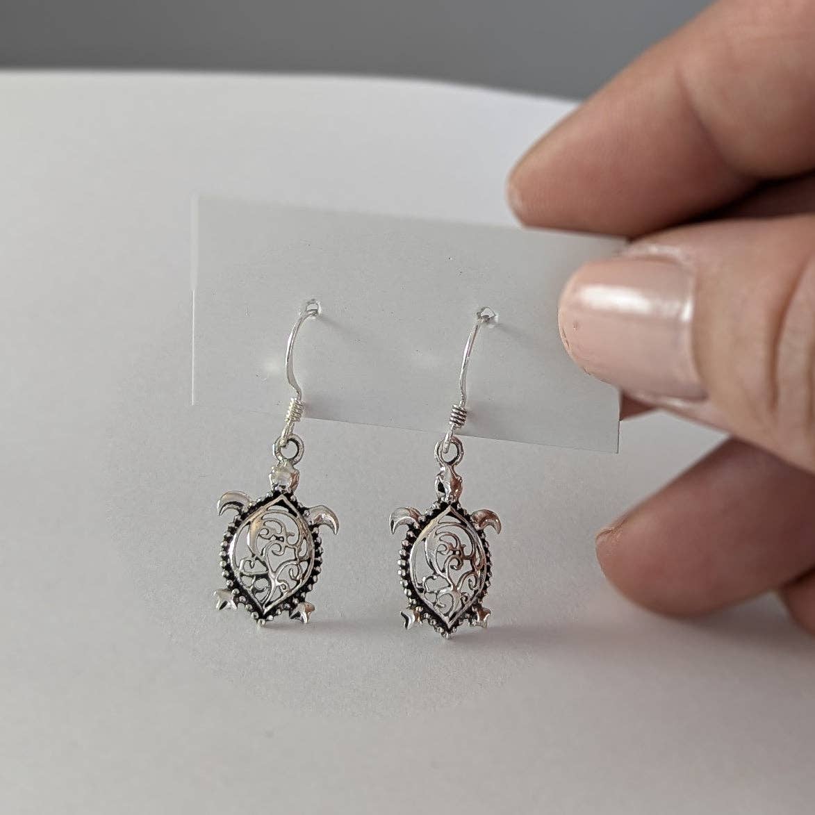 The Green Gecko - Wholesale Dangle Earrings - Filigree Back Turtle Earrings in Sterling Silver1