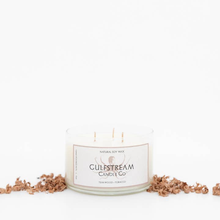 Teakwood + Tobacco Soy Candle for wholesale by Gulfstream Candle Company