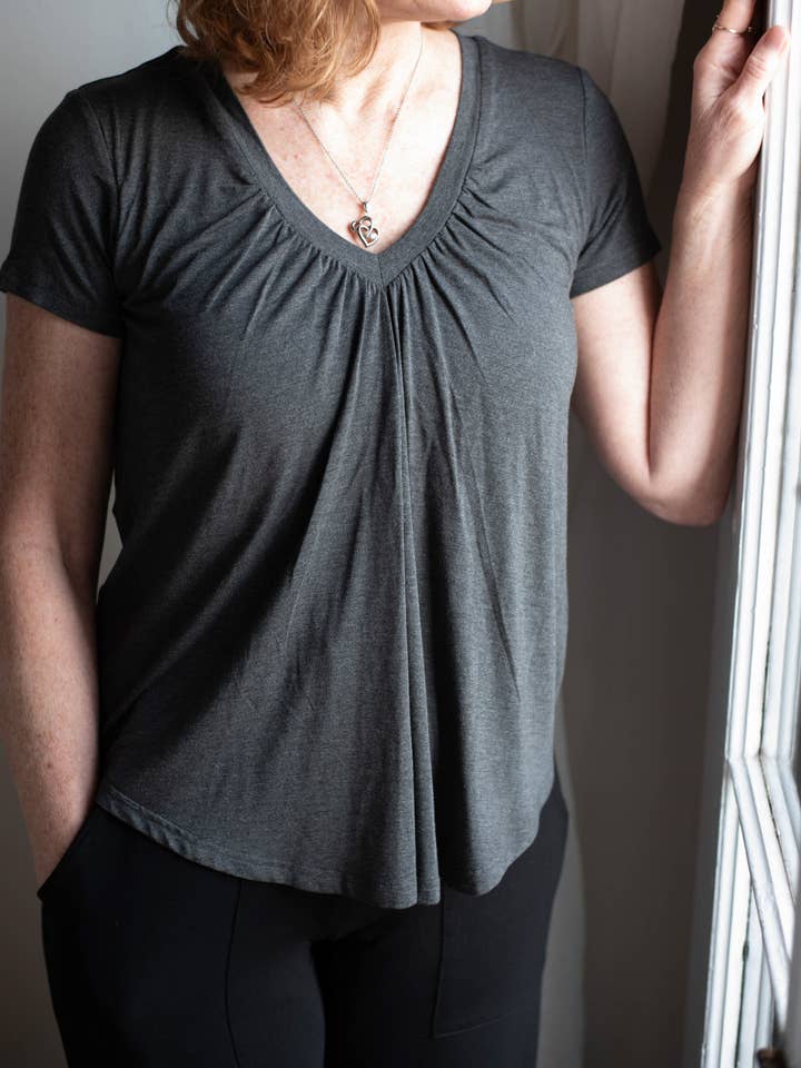 ALICIA Short-Sleeved Braless V-Neck Gather Front Bamboo Top for wholesale by Jia+Kate